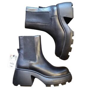 NWT Zara Boots Women's 8 Black Chelsea Genuine Leather Lug Sole Platform